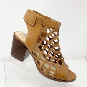 Vince Camuto Tan Lanaira Leather Lattice Stacked Heel Ankle Strap Sandals
